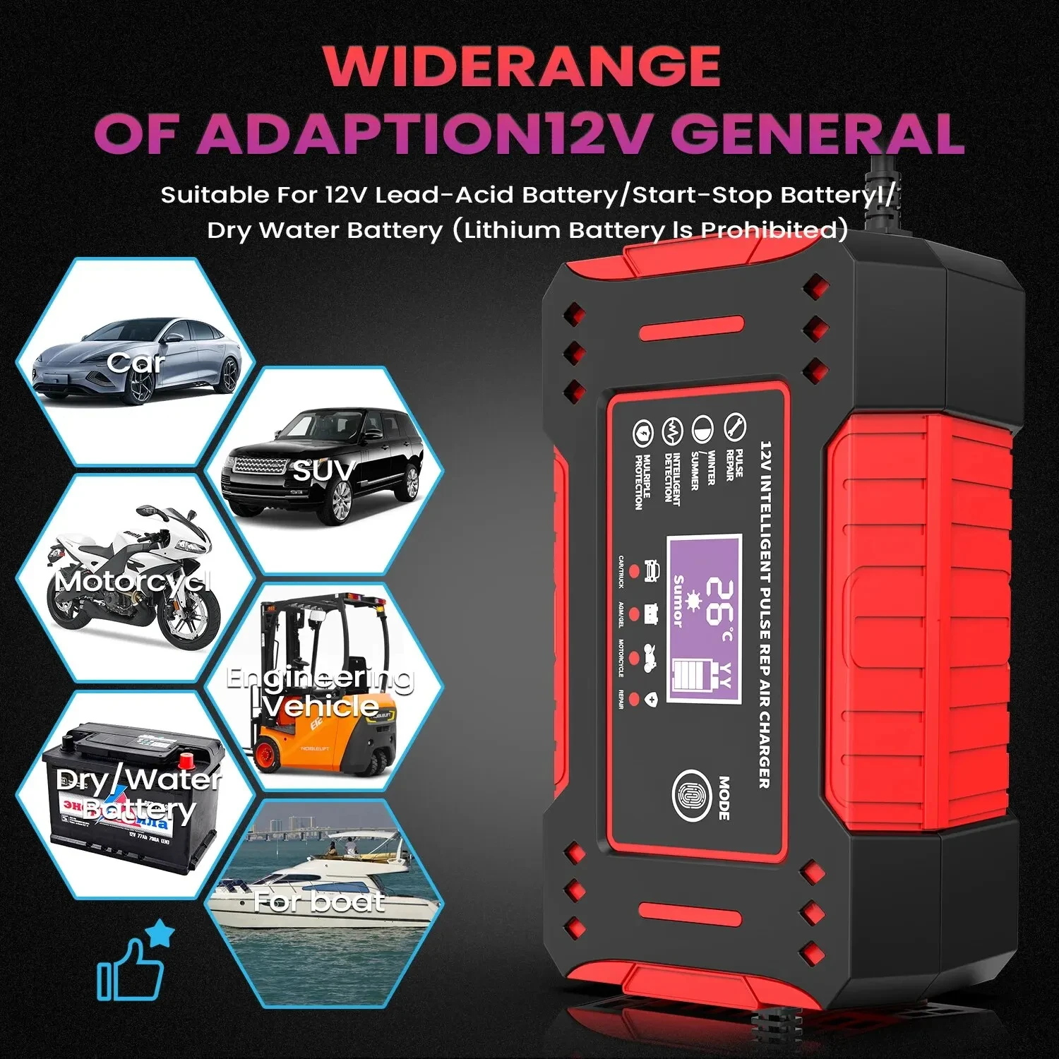 Charger Car and Motorcycle Battery Charging Unit Lead-Acid Battery Repair LCD Display 6A 12V Intelligent Car Battery - Image 4