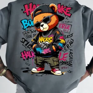 European and American Men's Summer Teddy Bear Graffiti Print Comfortable and Breathable Round Neck T-Shirt Outdoor Street Top