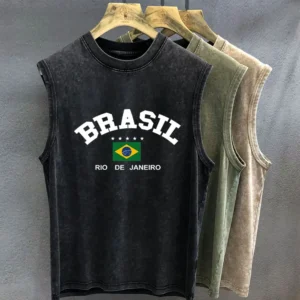 Oversized T Shirt for Men Vintage Wash Brazilian Graphic Print Tank Top Sleeveless Vest Woman Gym Y2k Clothes Streetwear Summer