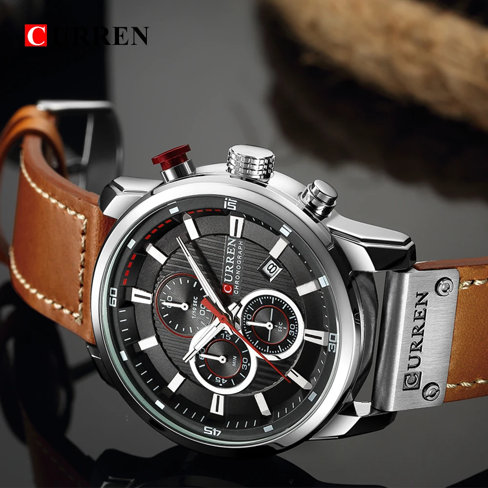 CURREN 8291 Mens Quartz Chronograph Watch Casual Leather Military Sport Fashion Gentleman Wristwatch - Image 3