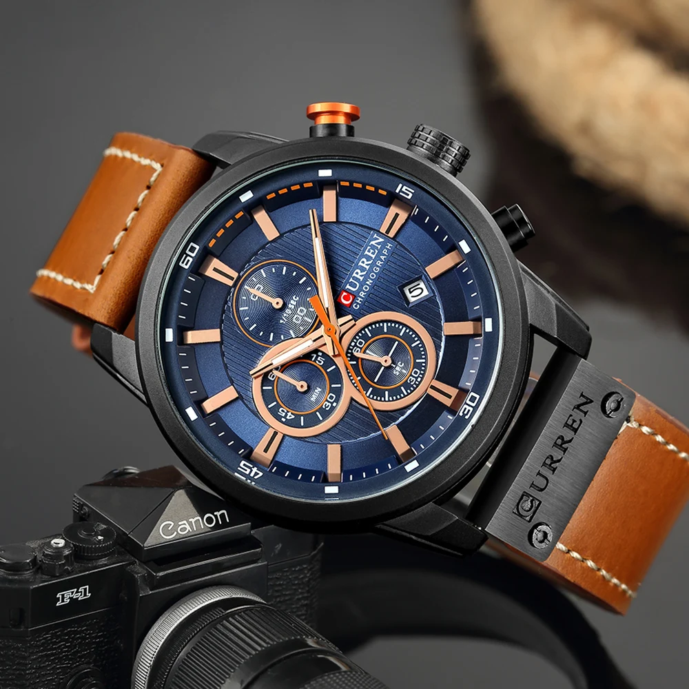 CURREN 8291 Mens Quartz Chronograph Watch Casual Leather Military Sport Fashion Gentleman Wristwatch - Image 4