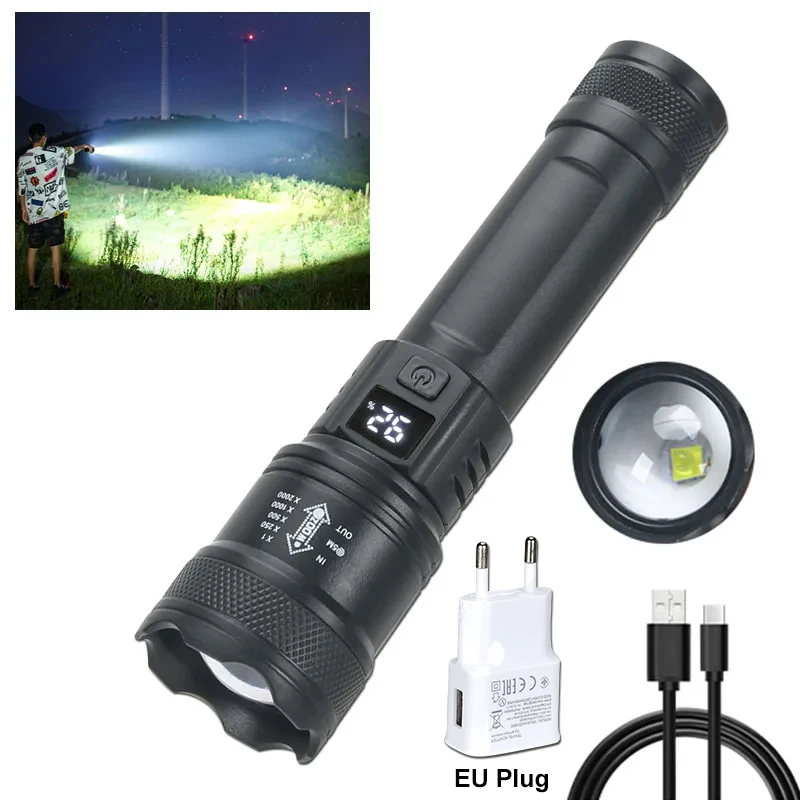 High Strong Power Led Flashlights 2000LM Tactical Torch with Display Light USB Charging Camping Fishing Emergency Zoom Lantern - Image 7