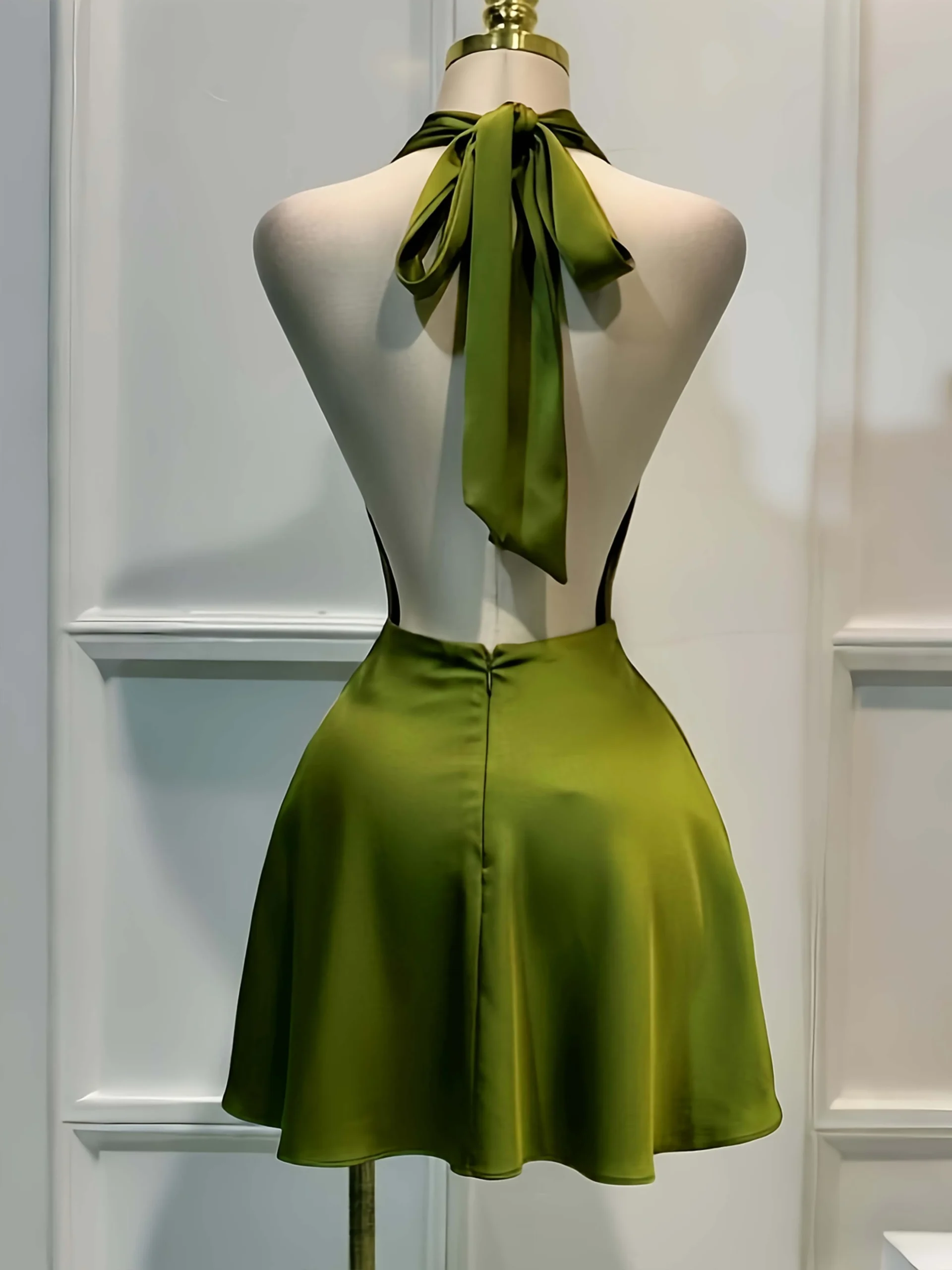 Women Elegant Solid Satin Dress, Back Zipper Open Back Fitted Midi Dress, Casual Vacation Party Banquet Cocktail Gown - Image 2