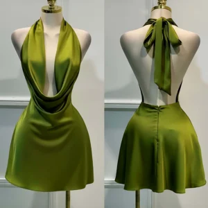 Women Elegant Solid Satin Dress, Back Zipper Open Back Fitted Midi Dress, Casual Vacation Party Banquet Cocktail Gown
