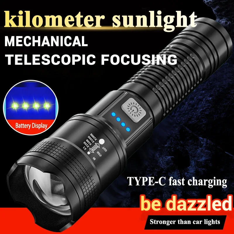 High Strong Power Led Flashlights 2000LM Tactical Torch with Display Light USB Charging Camping Fishing Emergency Zoom Lantern - Image 13