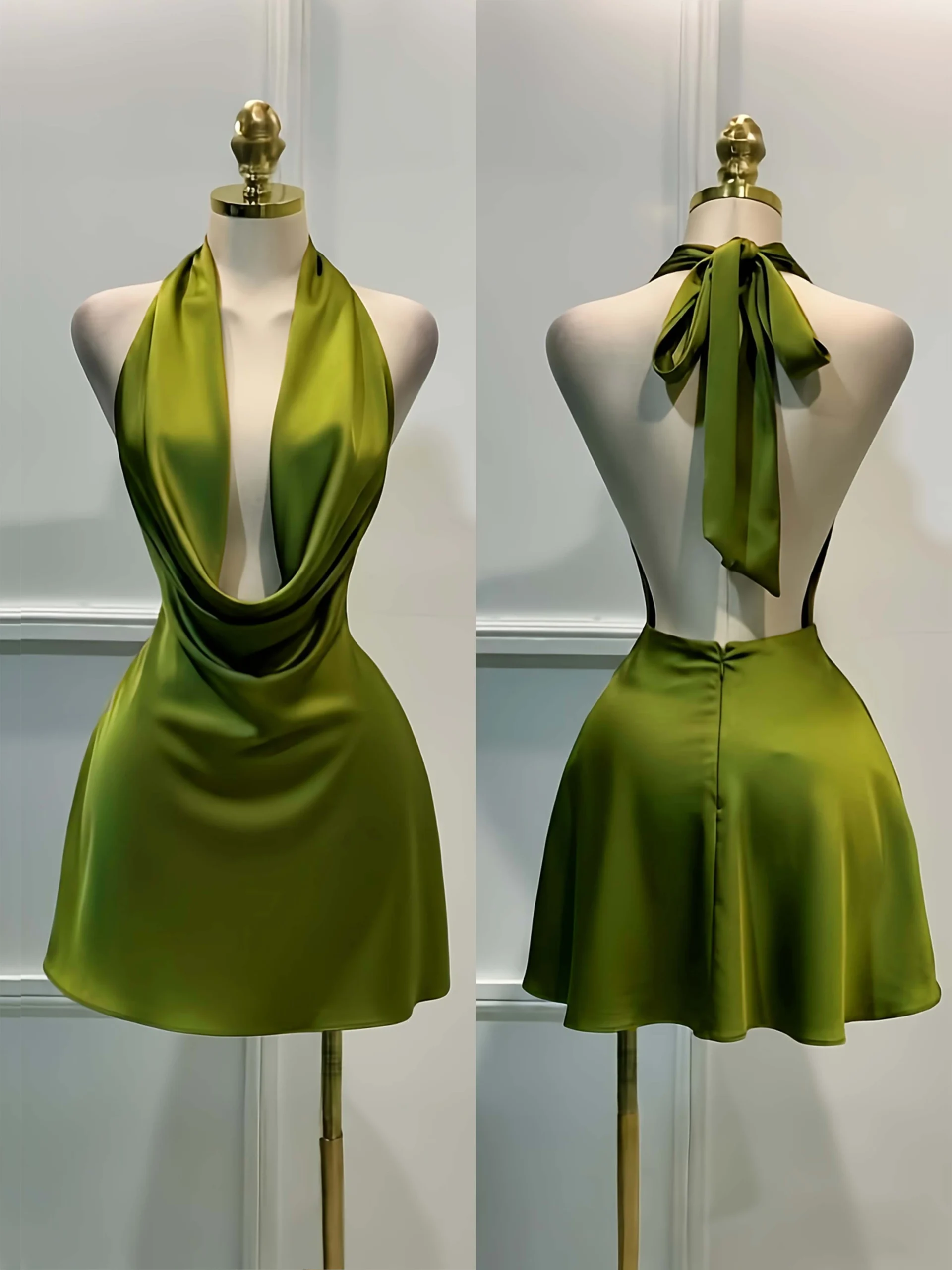 Women Elegant Solid Satin Dress, Back Zipper Open Back Fitted Midi Dress, Casual Vacation Party Banquet Cocktail Gown - Image 7