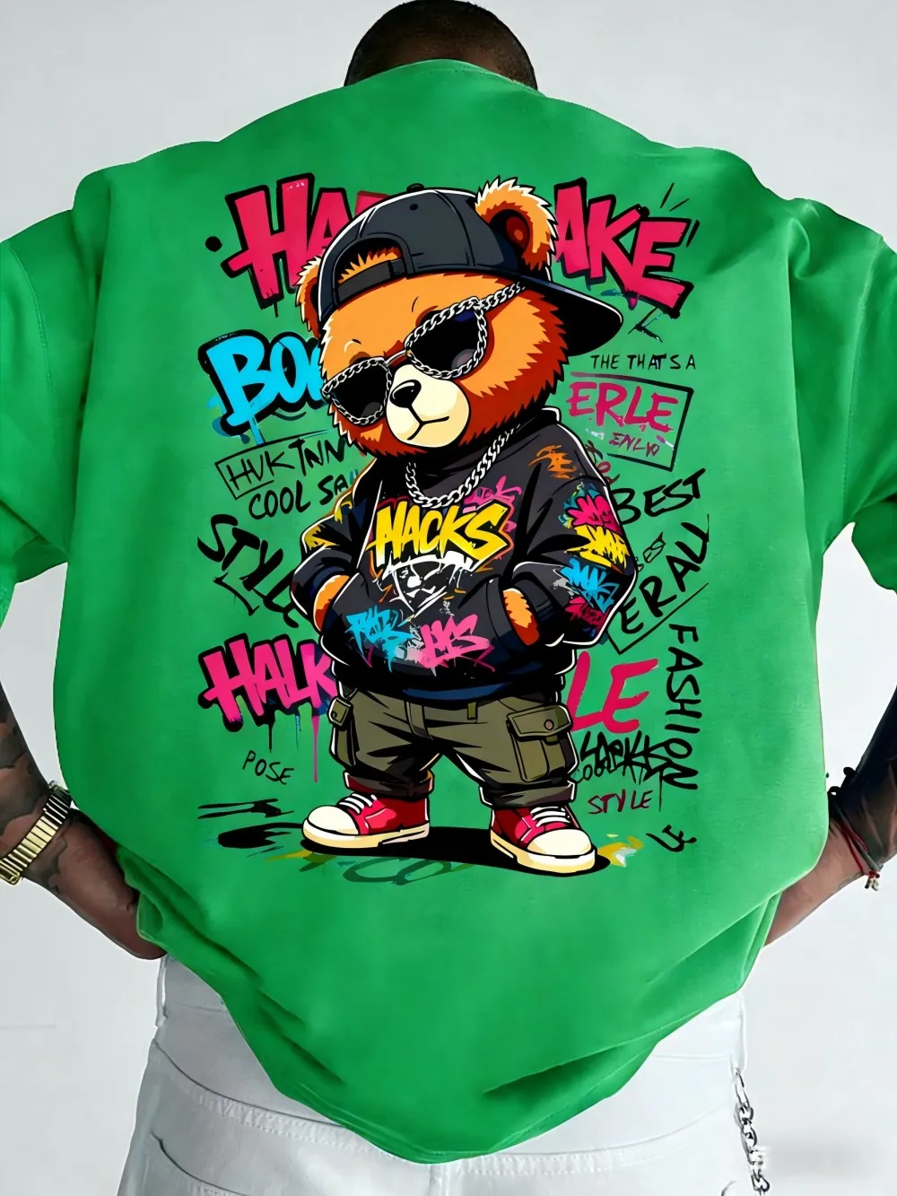 European and American Men's Summer Teddy Bear Graffiti Print Comfortable and Breathable Round Neck T-Shirt Outdoor Street Top - Image 6
