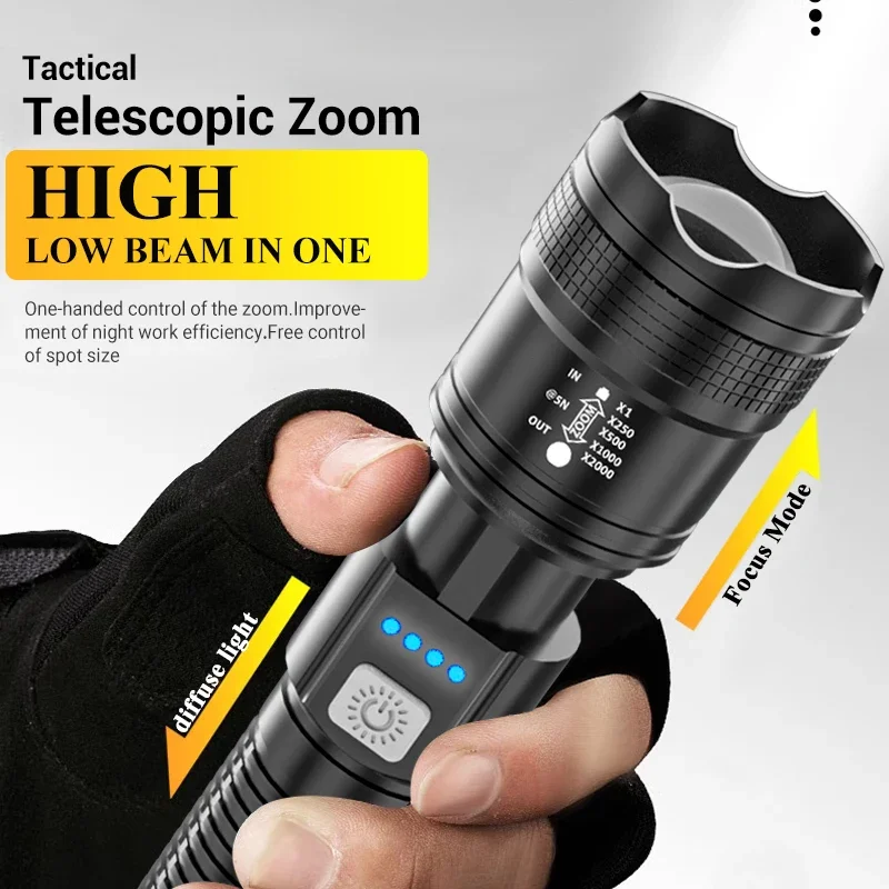 High Strong Power Led Flashlights 2000LM Tactical Torch with Display Light USB Charging Camping Fishing Emergency Zoom Lantern - Image 18