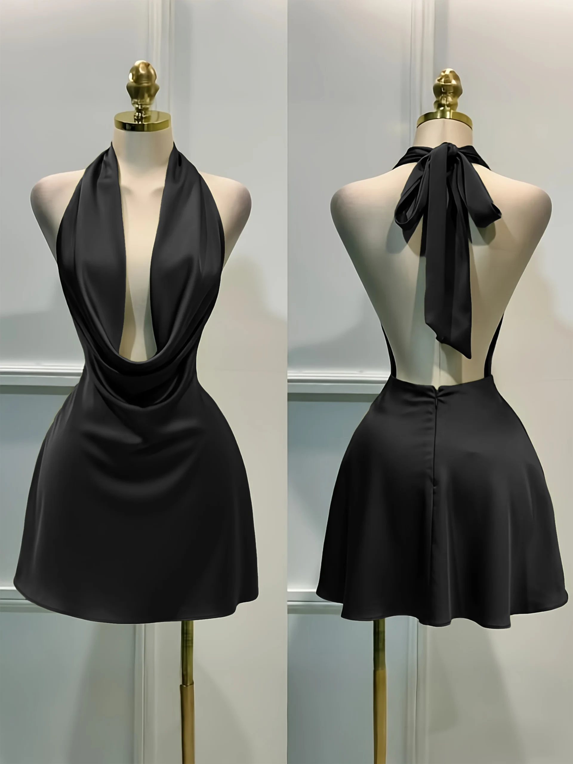Women Elegant Solid Satin Dress, Back Zipper Open Back Fitted Midi Dress, Casual Vacation Party Banquet Cocktail Gown - Image 4