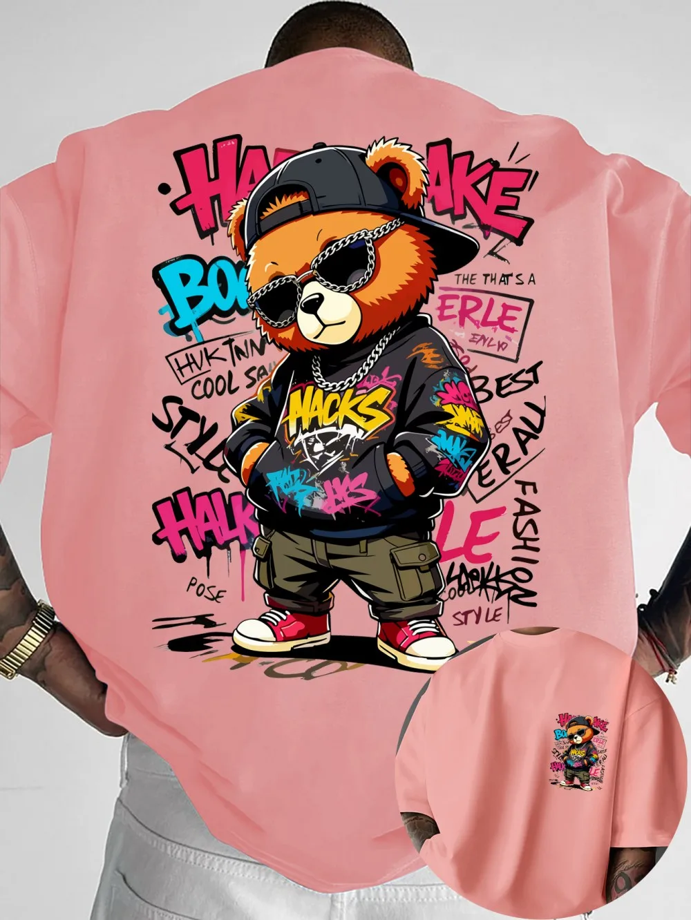European and American Men's Summer Teddy Bear Graffiti Print Comfortable and Breathable Round Neck T-Shirt Outdoor Street Top - Image 7