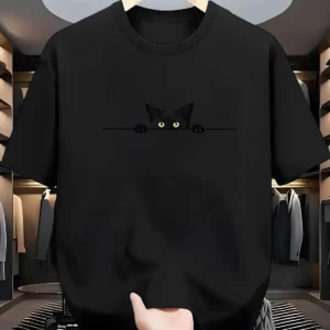 Men's new summer cute kitten print soft and breathable round neck T-shirt outdoor casual versatile top
