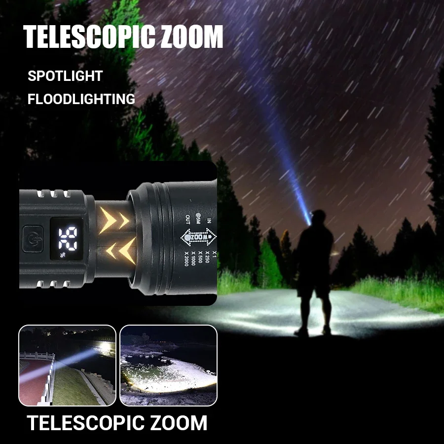 High Strong Power Led Flashlights 2000LM Tactical Torch with Display Light USB Charging Camping Fishing Emergency Zoom Lantern - Image 6
