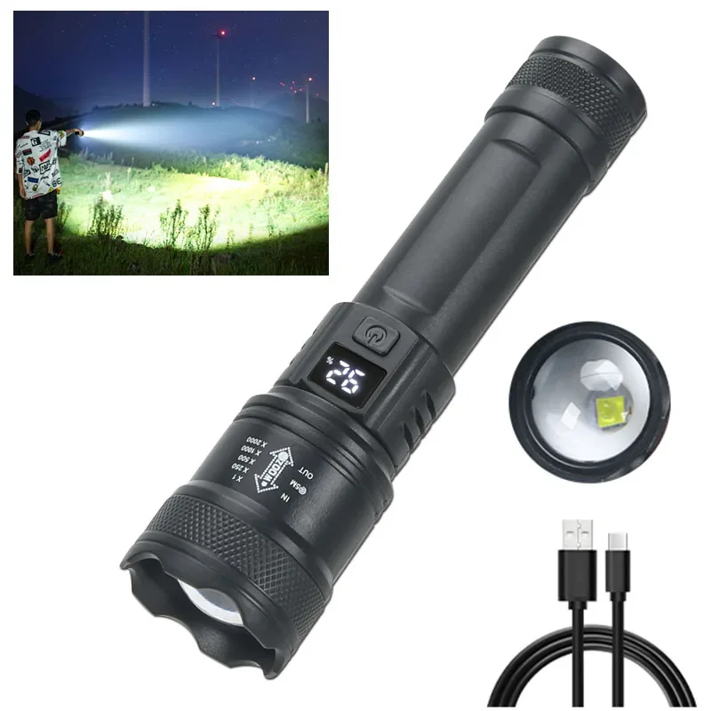 High Strong Power Led Flashlights 2000LM Tactical Torch with Display Light USB Charging Camping Fishing Emergency Zoom Lantern - Image 8