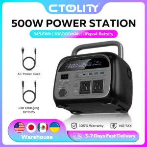 CTOLITY 500W Portable Power Station 345.6Wh 108000mAh Solar Generator LiFePo4 Batteries AC 220V Energy Storage Supply Camping RV