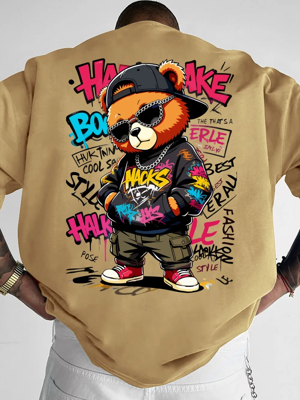 European and American Men's Summer Teddy Bear Graffiti Print Comfortable and Breathable Round Neck T-Shirt Outdoor Street Top - Image 3