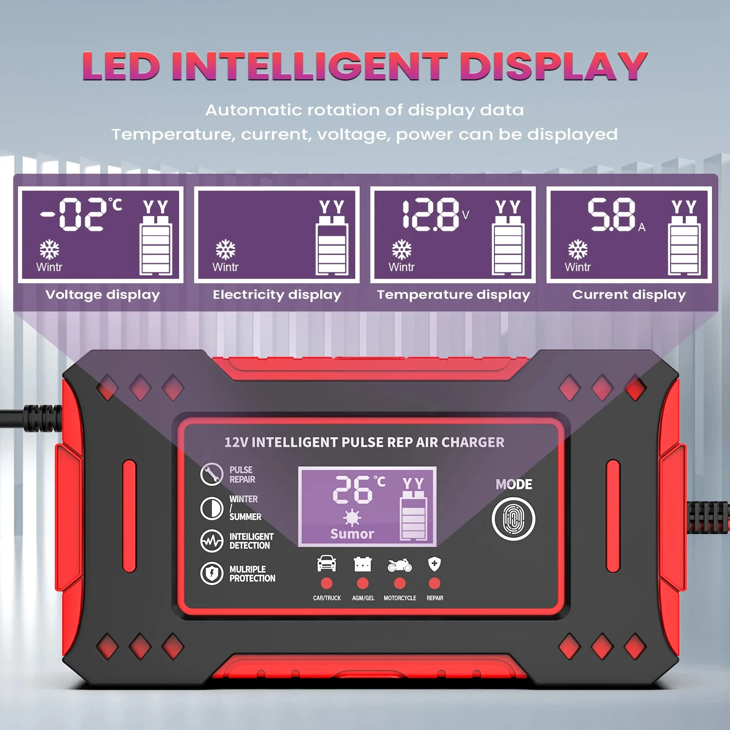 Charger Car and Motorcycle Battery Charging Unit Lead-Acid Battery Repair LCD Display 6A 12V Intelligent Car Battery - Image 5
