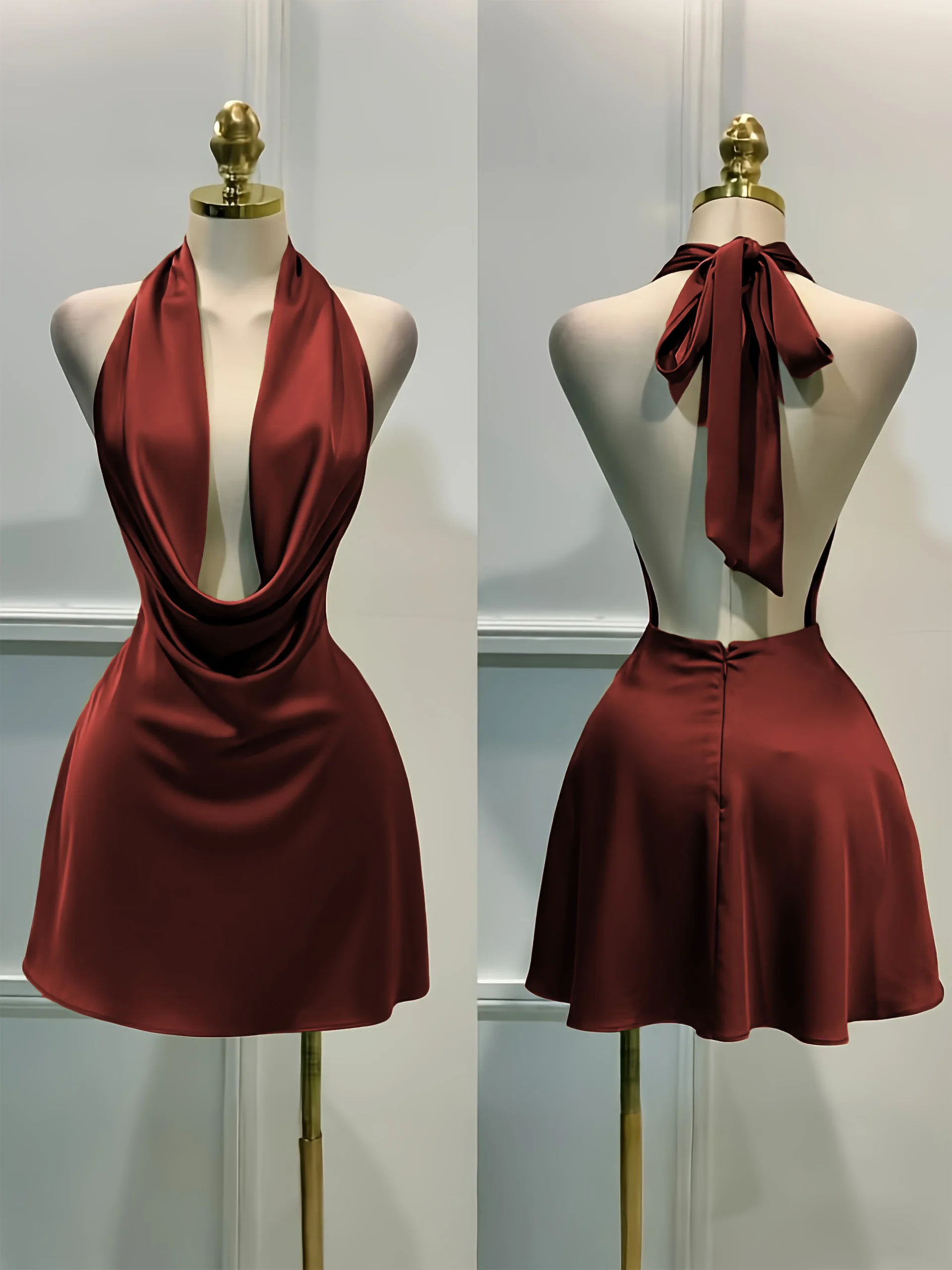 Women Elegant Solid Satin Dress, Back Zipper Open Back Fitted Midi Dress, Casual Vacation Party Banquet Cocktail Gown - Image 6